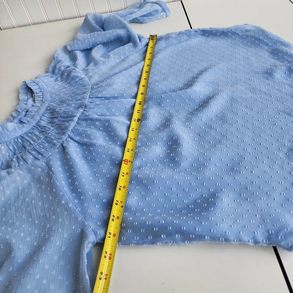 Loft Swiss Dot Ruffle Neck Balloon Sleeve Blouse Light Blue Sheer Boho Keyhole M - Picture 8 of 12